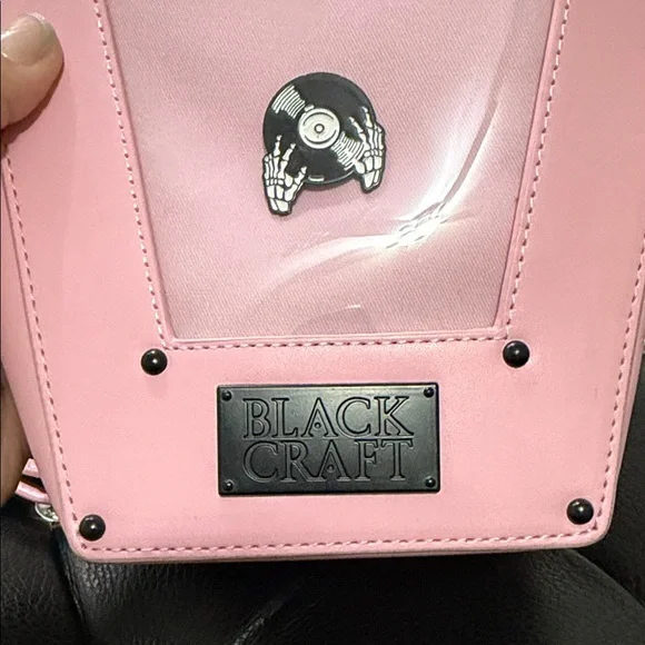 Pink Faux Leather Black Metal Pin Collector Coffin-Shaped Backpack Like New - Picture 6 of 8